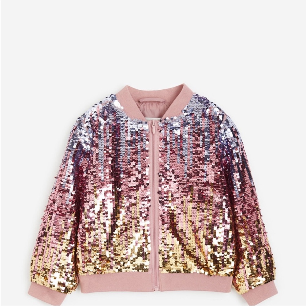 Girls, H&M Sequin Bomber Jacket in Pink and Gold
